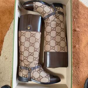 GUCCI GG Canvas Leather Long Boots Men's Size 8 (27cm) Made in Italy w/box